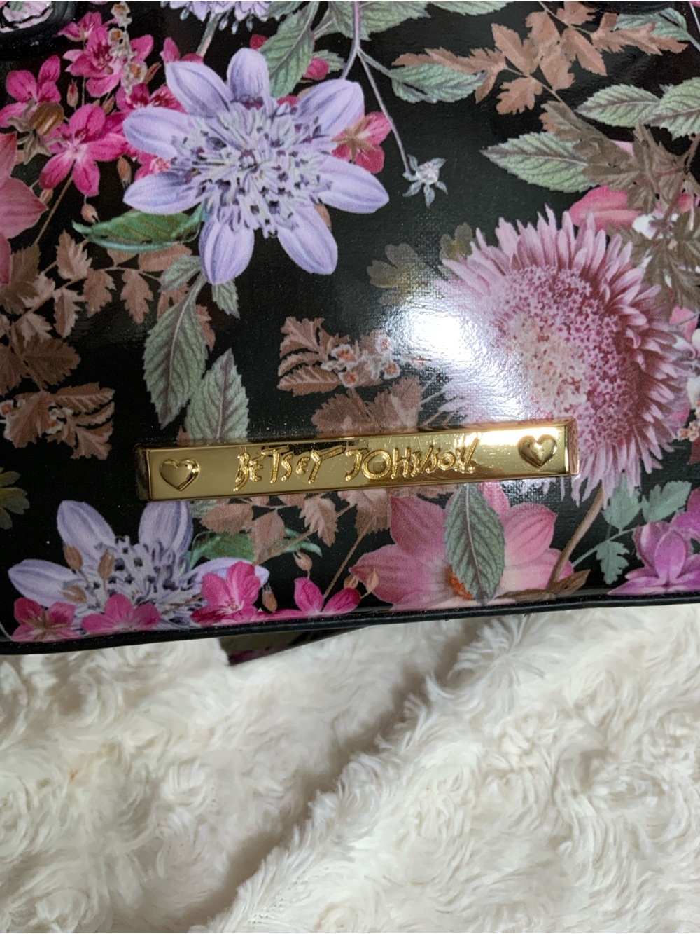 🩷Betsey Johnson Black Floral Dome Satchel with Pink & Purple Flowers - Picture 5 of 9